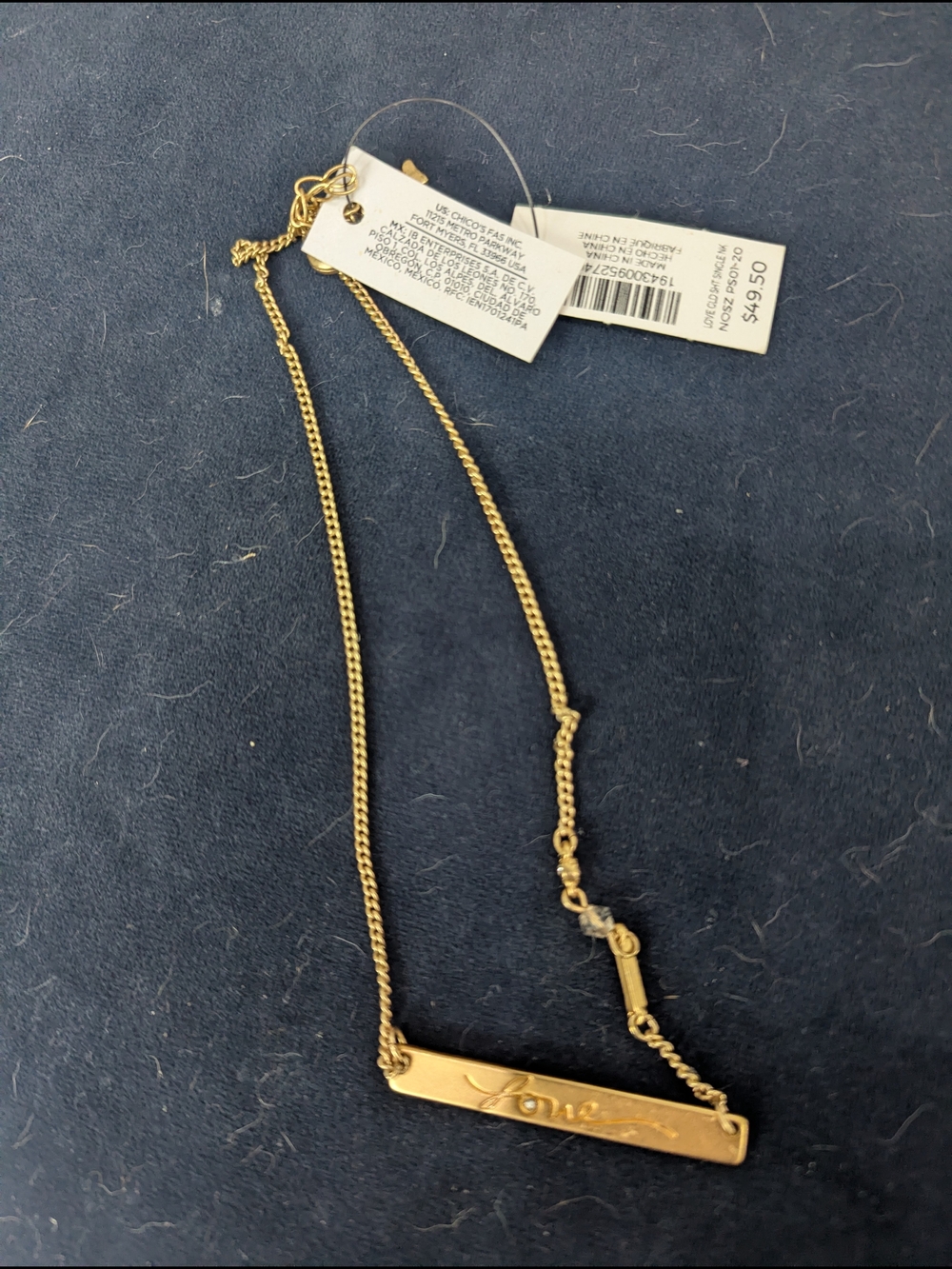 Chico's Gold Bar "Love" Necklace with Gem